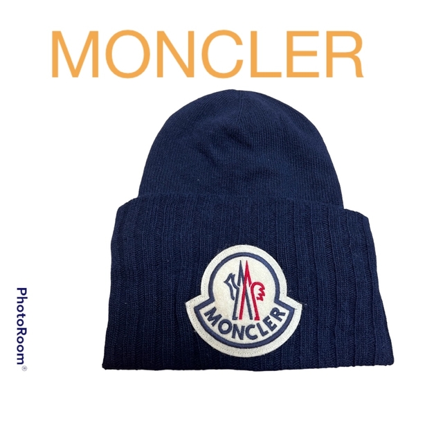 ロゴ入りビーニー新品正規品】 Moncler カシミア＆ウールニットキャップ  ロゴ入りビーニー