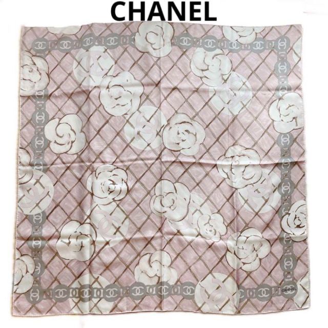 【CHANEL】シャネル　シルク　スカーフ　ココマーク　カメリア