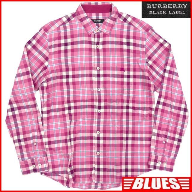 廃盤 バーバリー チェックシャツ M メンズ 長袖 ピンク 刺繍 HN1751