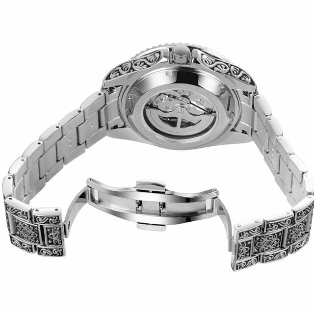送料無料 3D フルスケルトン 彫 自動巻き 機械式 メンズ 腕時計シルバー01