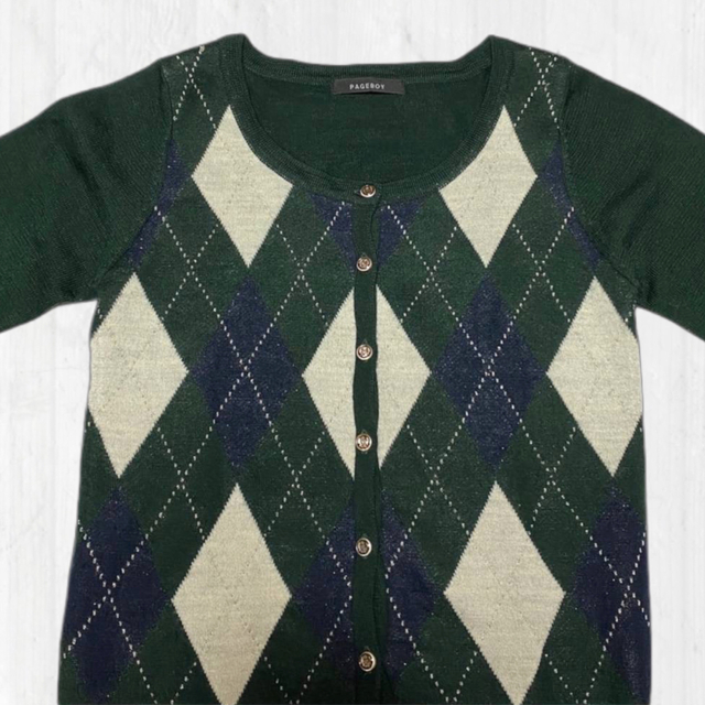 【美品】PAGEBOY ウール混 アーガイル カーディガン 通勤 通学 緑系