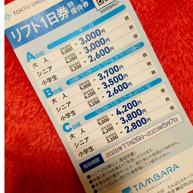 TAMBARA (TOKYU SNOW RESOPT) チケットの施設利用券(スキー場)の商品写真