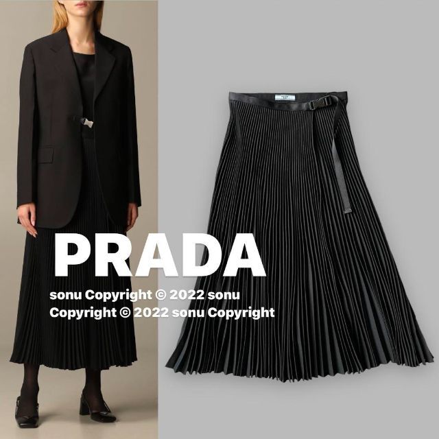 PRADA - 2020 PRADAプラダ ベルト ラップ プリーツ スカート 38ブラック