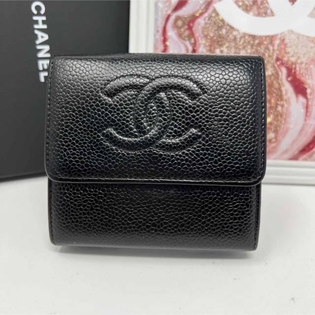 CHANEL シャネル キャビアスキン ココマーク Wホック 三つ折り財布