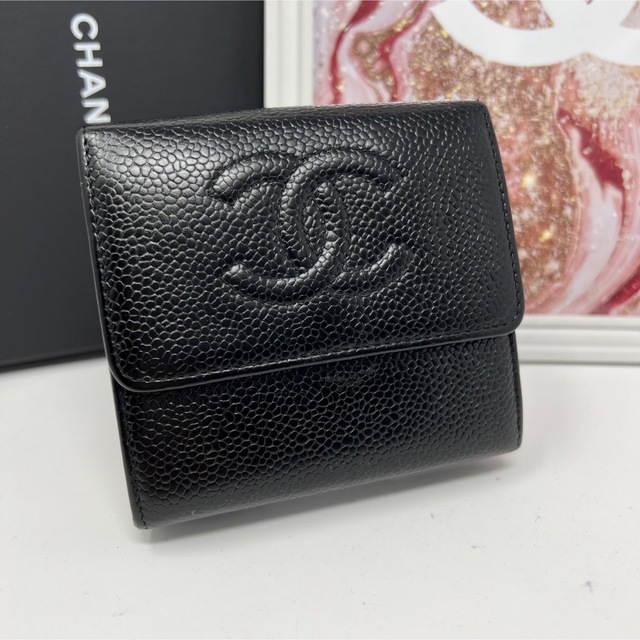 CHANEL シャネル キャビアスキン Wホック 三つ折り財布 コンパクト財布