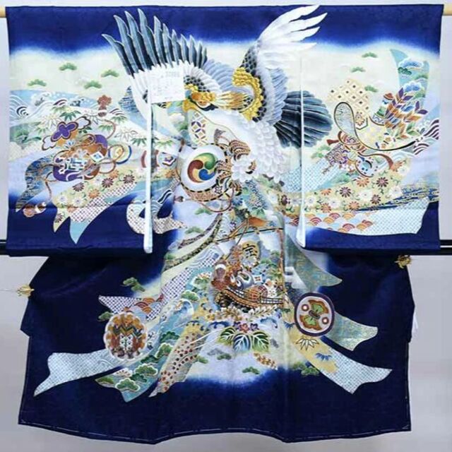 お宮参り産着 男児 正絹 のしめ 金刺繍 紺地 綸子地 祝着 NO32514