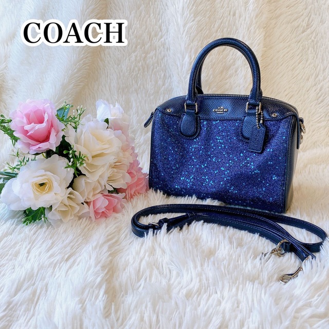 COACH ミニボストン マイクロ ショルダー ラメ・星柄 ブルー レザー