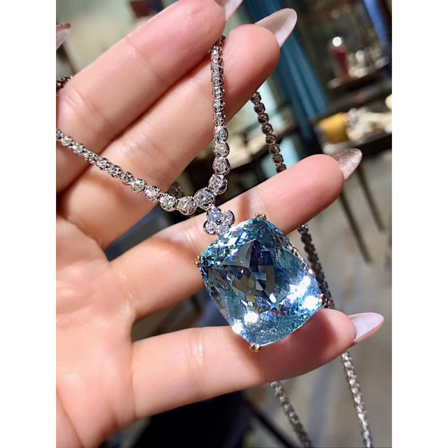 天然アクアマリン ダイヤ ネックレス 51.68ct k18/850 ¥の通販 by Rui