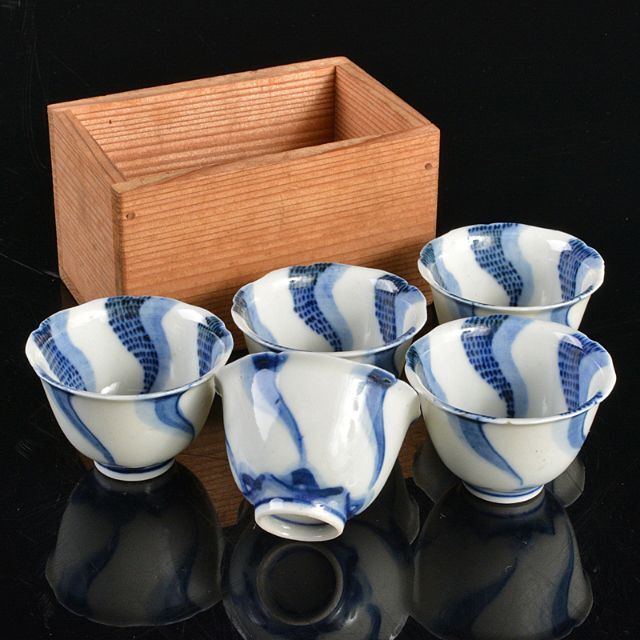 永楽善五郎造　染付　捻り文　煎茶碗　五客　時代箱付　V　R5390