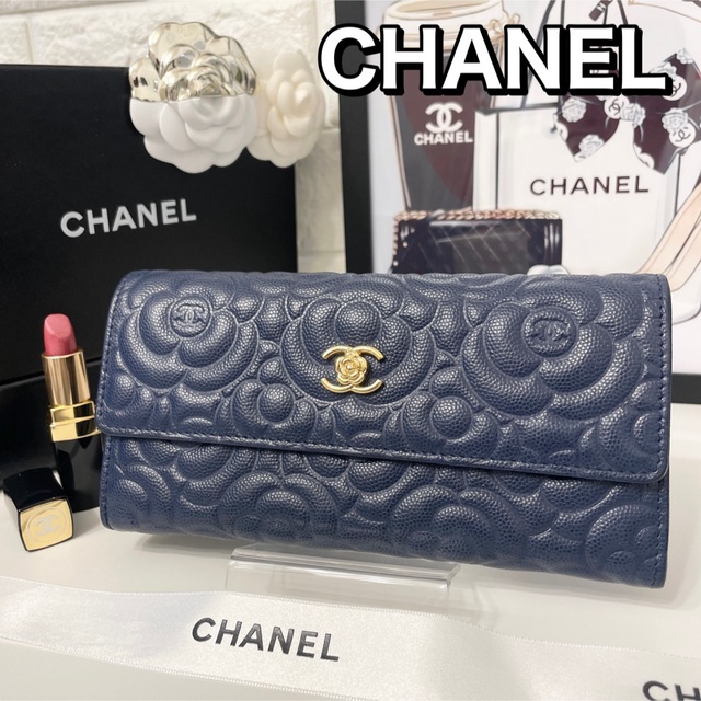 【良好品】 CHANEL - CHANEL✨シャネル✨長財布✨キャビアスキン✨カメリア✨フラップウォレット美品 財布