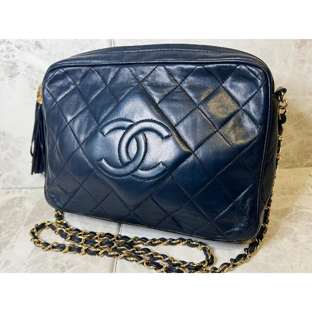 CHANEL　美品　マトラッセ　ネイビー　ショルダーバッグ　フリンジ　金具レザー