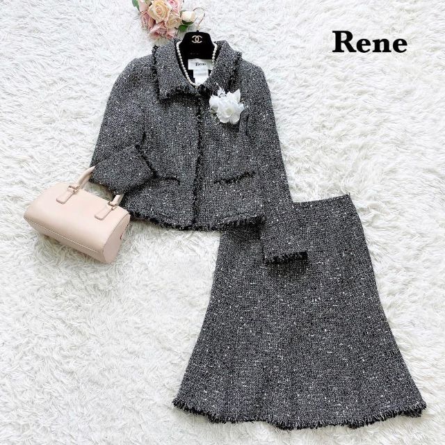 【美品】Rene　高級TISSUE社　ツイード　スカートスーツ　セレモニー　36