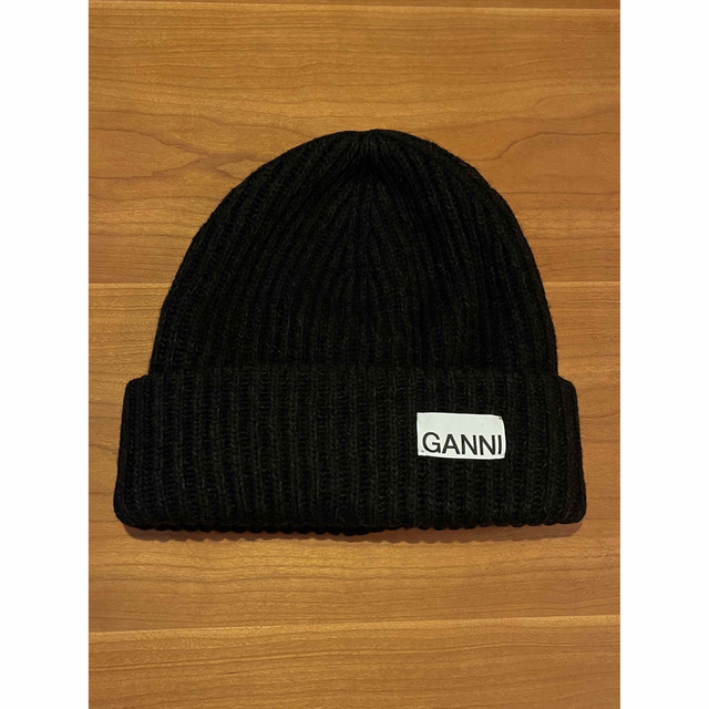 Ganni ガニー リブ ロゴパッチ ニット帽 ニットキャップ ブラックメランジ