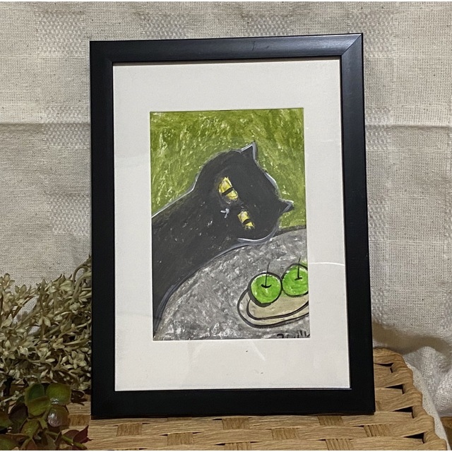 絵画。原画【黒猫はテーブルの上に横たわって残りの二つの青いリンゴを見ている】 3