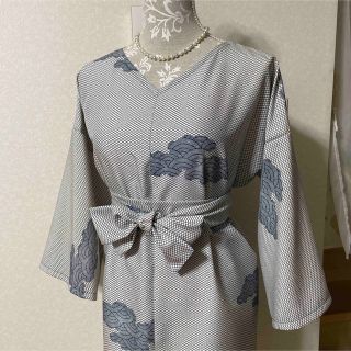 新品シルク☆着物リメイク 和洋服 チュニック ワンピース 縁起柄 青海