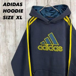 アディダス(adidas)の古着ADIDASアディダスセンターロゴ刺繍袖3本ラインスウェットパーカーXL紺.(パーカー)