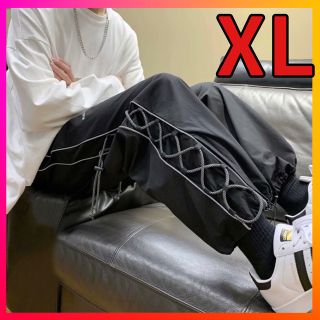 メンズ ジャージ 韓国 レディース 黒 XL ユニセックス レースアップ パンツ(ジャージ)