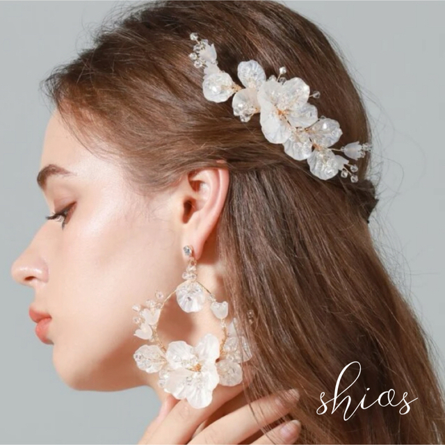 ヘッドドレス ヘアアクセサリー ピアス セット シェル 花 ブライダル ...