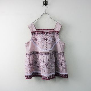 ピンクハウス(PINK HOUSE)の美品 2021SS PINK HOUSE ピンクハウス チャルダッシュノースリーブブラウス/ピンク 綿ローン ピコフリル 刺繍【2400013170550】(シャツ/ブラウス(長袖/七分))