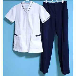 1-100☆ナースジャケット&パンツ　白×ネイビー　ナガイレーベン　M(衣装一式)