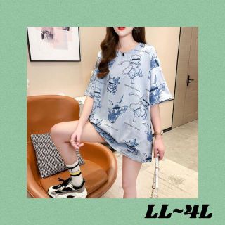 大きいサイズ 春夏 韓国 新作 TシャツワンピースLL-4L BL(Tシャツ(半袖/袖なし))