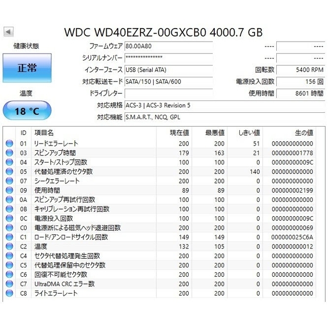 WD Blue 4TB CMR HDD WD40EZRZ 正常/8601時間 2