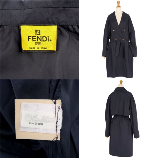 FENDI(フェンディ)の美品 Vintage フェンディ FENDI コート ロングコート ダブルブレスト ベルト 無地 アウター レディース 42(M相当) ダークネイビー レディースのジャケット/アウター(その他)の商品写真