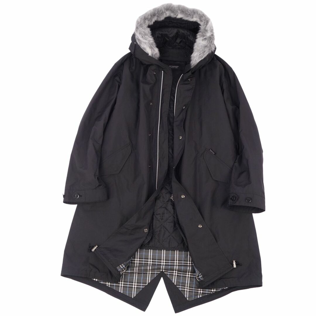 美品 バーバリー ブラックレーベル BURBERRY BLACK LABEL モッズコート ロングコート フーディー フェイクファー 中綿入り ライナー付き アウター メンズ L ブラック