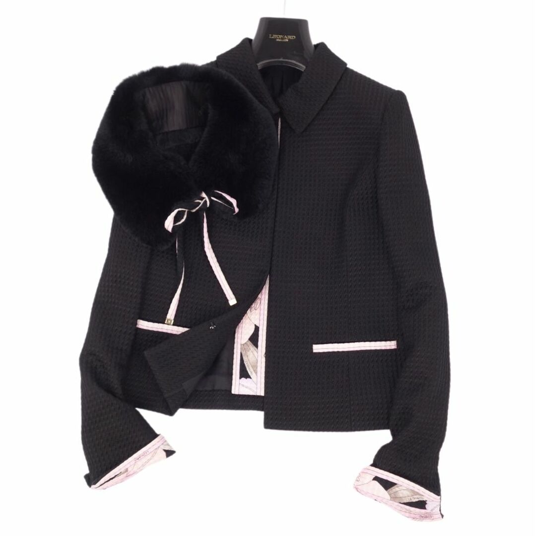 極美品 レオナール LEONARD FASHION ジャケット 襟ラビットファー コットン アウター レディース M相当 ブラック/ピンク