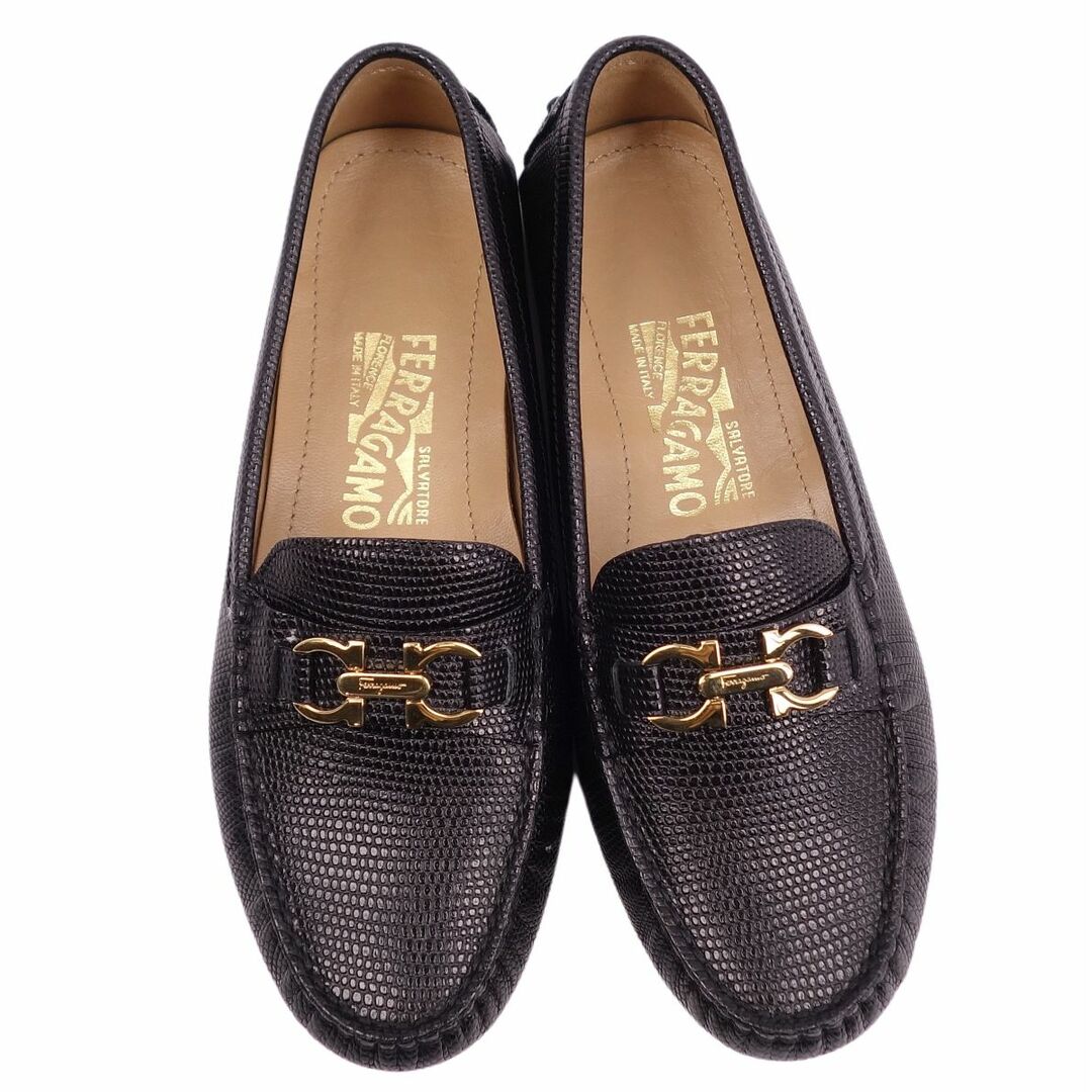 美品 サルヴァトーレ フェラガモ Salvatore Ferragamo ローファー ドライビングシューズ ガンチーニ リザード型押し レディース シューズ 5.5M(23cm相当) ブラック