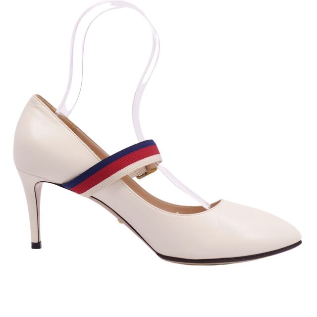 美品 グッチ GUCCI パンプス カーフレザー シェリーライン ストラップ シューズ 靴 37.5(24.5cm相当) ホワイト