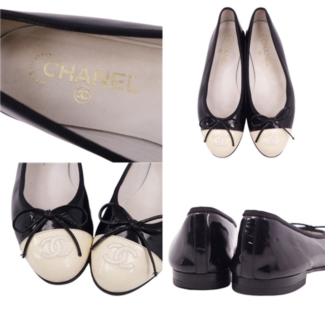 シャネル　CHANEL レザー　フラット　パンプス　白　黒　34 1/2