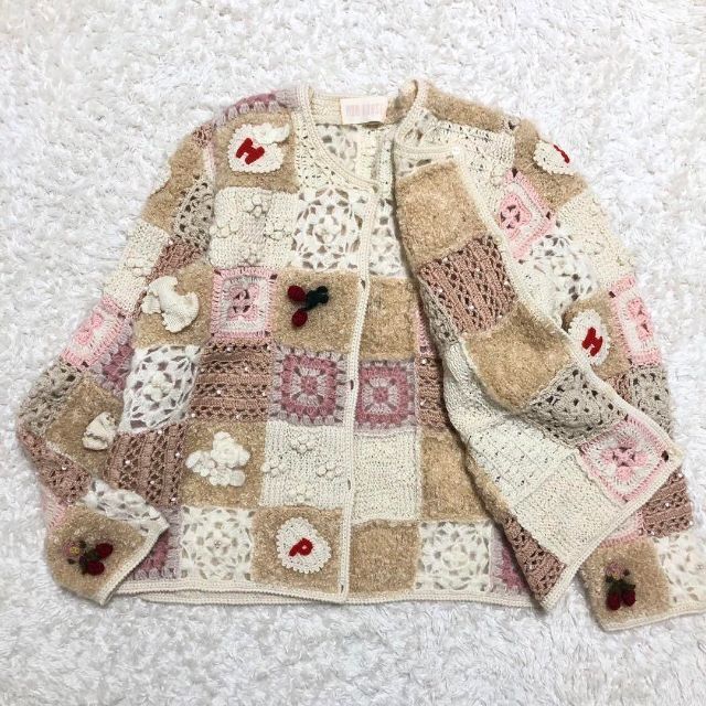 PINK HOUSE パッチワーク編み込みカーディガン リボン さくらんぼ