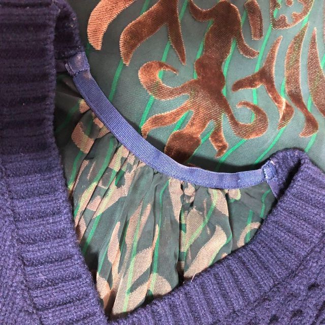 sacai シースルー ベロア使い ドッキング 立体編みニット ネイビー-
