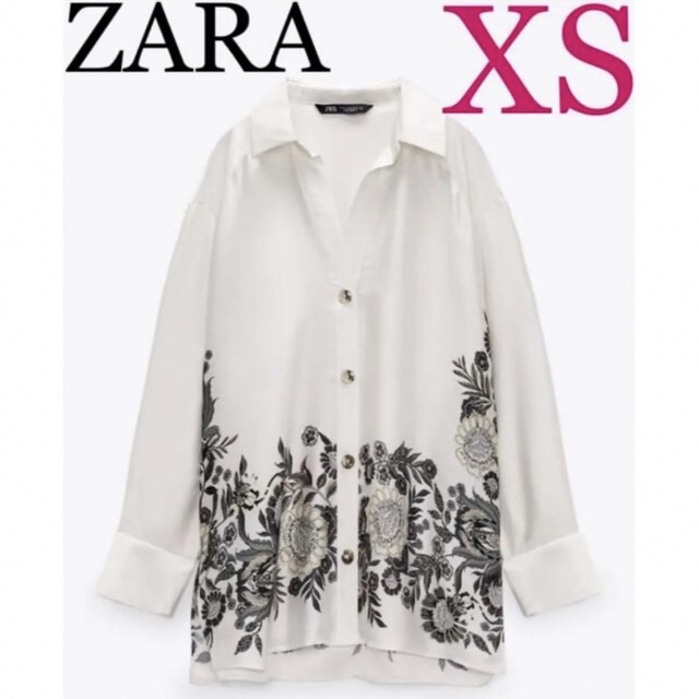 ZARA(ザラ)の新品　ZARA プリント柄 サテン仕上げ風 シャツ　XS レディースのトップス(シャツ/ブラウス(長袖/七分))の商品写真