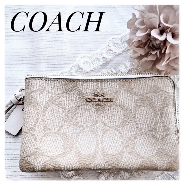 美品 COACH ポーチ 小物入れ リストレット ホワイト系 シグネチャー-