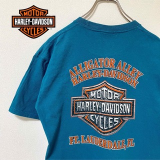 ハーレーダビッドソン(Harley Davidson)の希少なエメラルドグリーン ハーレーT 背面トレードマークの両面プリント(M)(Tシャツ/カットソー(半袖/袖なし))