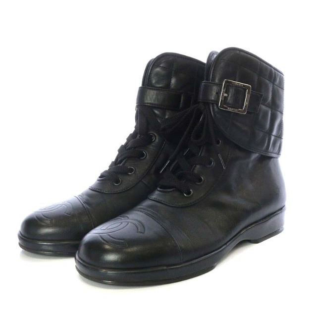 CHANEL - シャネル チョコバー ブーツ ショート フラット ココマーク 37.5 黒