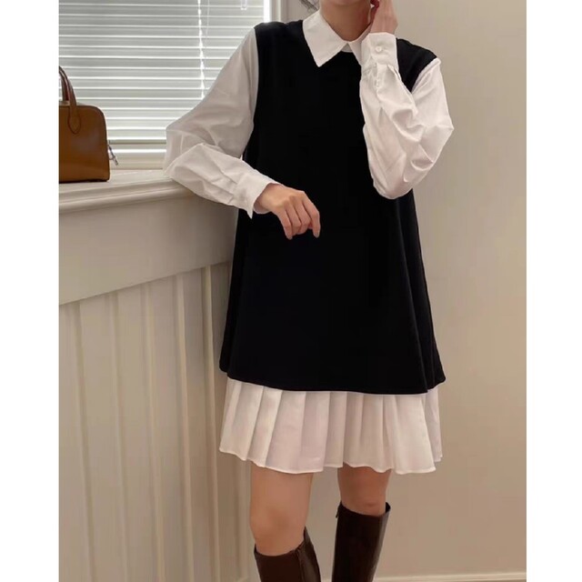 新品タグ付き　Rirandture♡プリーツシャツドッキングワンピース　ブラック