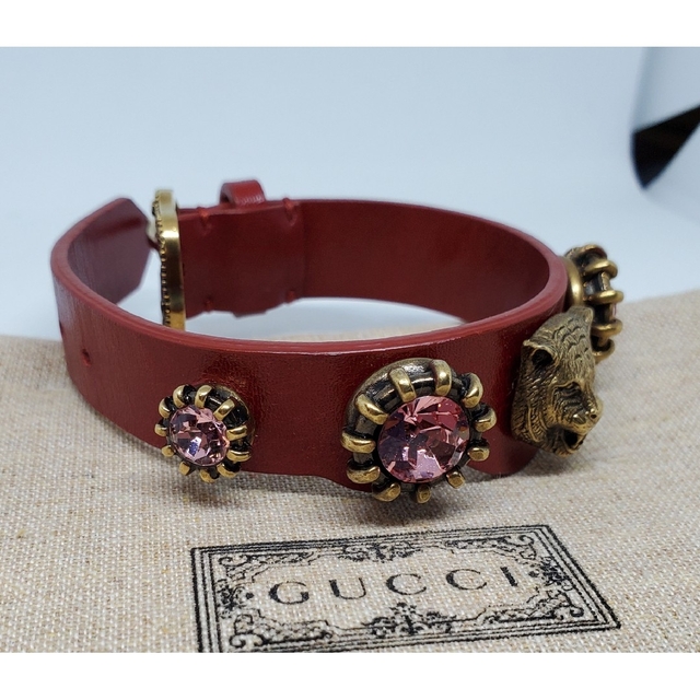 【超レア完売品】GUCCI レザーブレスレット タイガーヘッド ビジュー