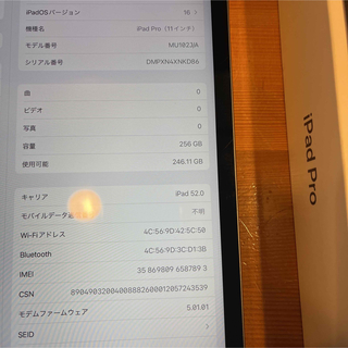 アイパッド(iPad)のiPad Pro 11インチ 256GB wifi cellular simフリ(タブレット)