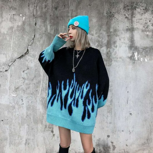 ファイヤー ニット セーター 韓国 オーバーサイズ　ブルー