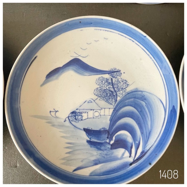 くすみ水色 古伊万里 中皿 染付 平皿 皿 絵違い有り 5枚セット - 陶芸