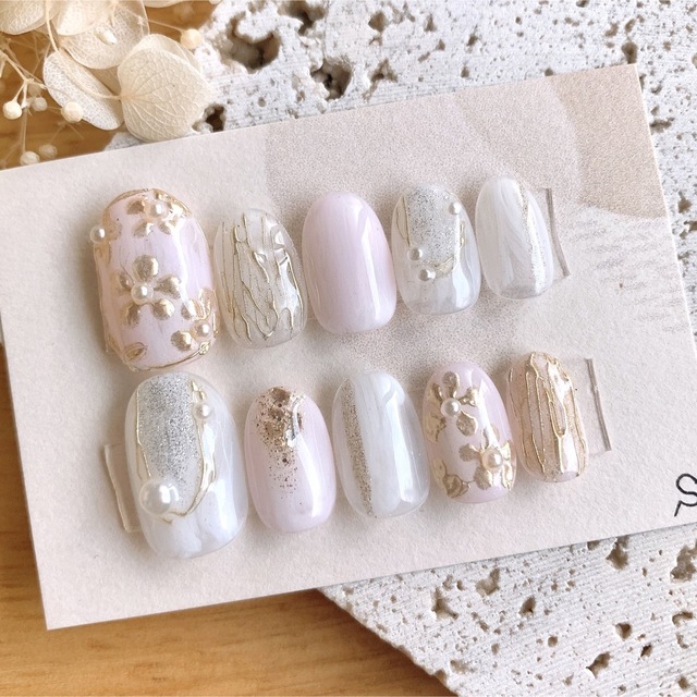 ネイルチップ§現品 ミラーのお花 淡いピンク ニュアンス 卒業式 前撮り