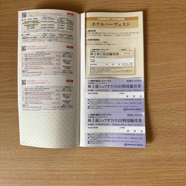 東急不動産　株主優待100株分 チケットの優待券/割引券(宿泊券)の商品写真