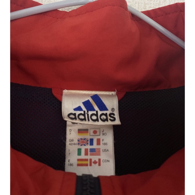 adidas 90s ナイロンジャケット　両腕ロゴ刺繍　赤　紺　国旗タグ　銀タグ