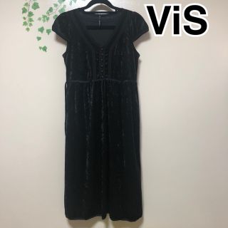 ヴィス(ViS)の期間限定 美品 ViS ベロア 膝丈 ワンピース 黒 リボン付(ひざ丈ワンピース)