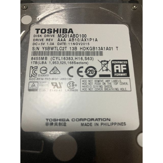 東芝(トウシバ)のHDD 2.5-inch TOSHIBA 1.0TB SATA（ジャンク） スマホ/家電/カメラのPC/タブレット(PC周辺機器)の商品写真