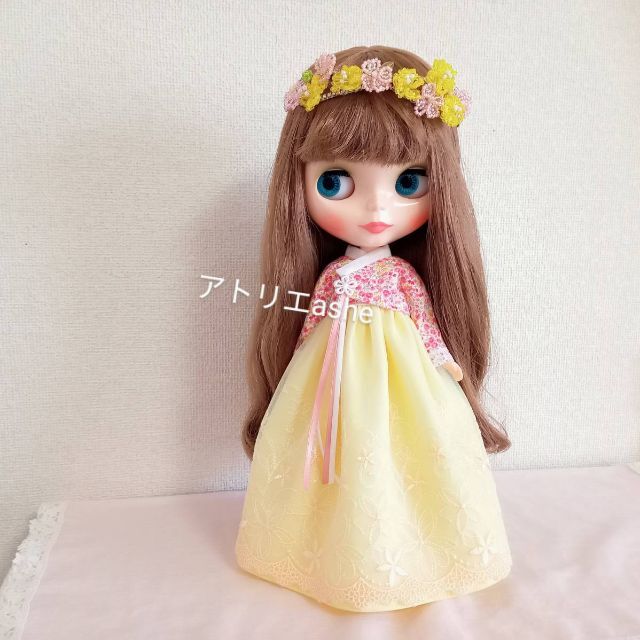 ハンドメイド「モダン チマチョゴリ 赤花柄 ×黄」ネオブライス・リカちゃんの服