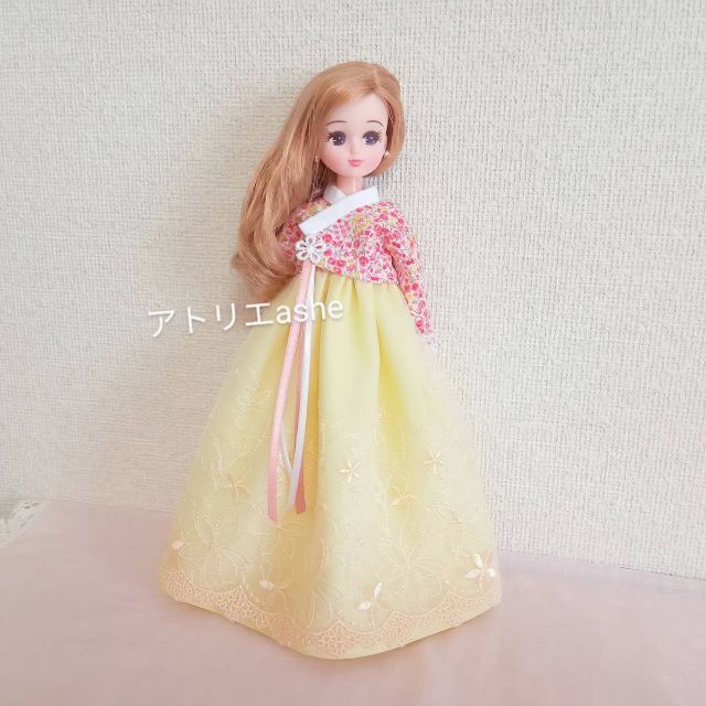 ハンドメイド「モダン チマチョゴリ 赤花柄 ×黄」ネオブライス・リカちゃんの服